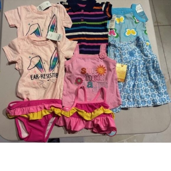 Girls 8 Pc Summer Set 12 mths Swim, Tank Tops, Short Sleeve Shirts & Shorts - Picture 1 of 8
